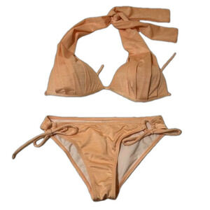 New Simons Peach Bandeau Bikini Top with Tie String Bikini Bottom Small